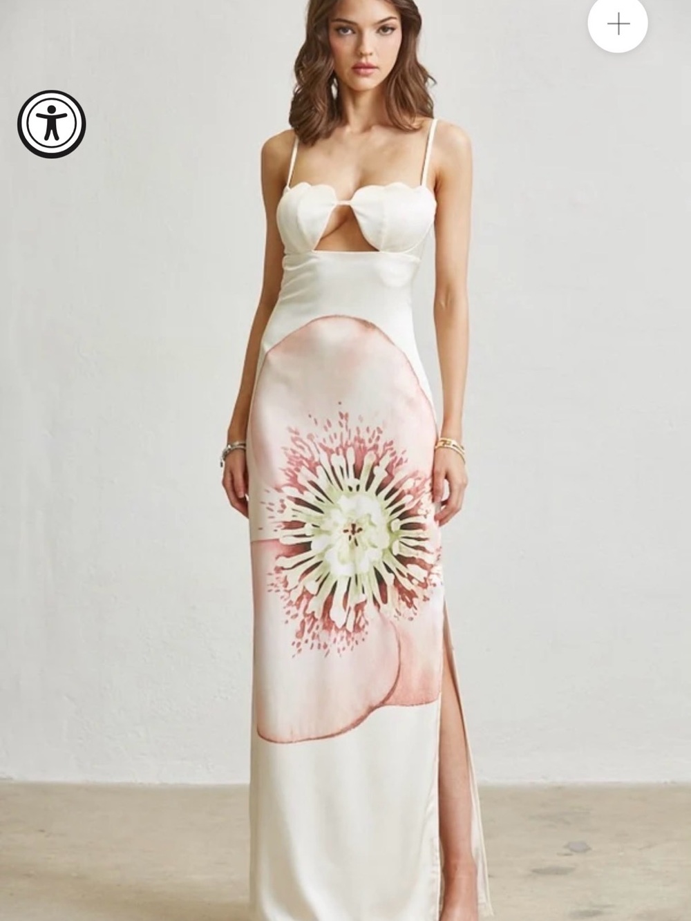 Ivory Maxi Dress with Pink Floral Print and Cutout